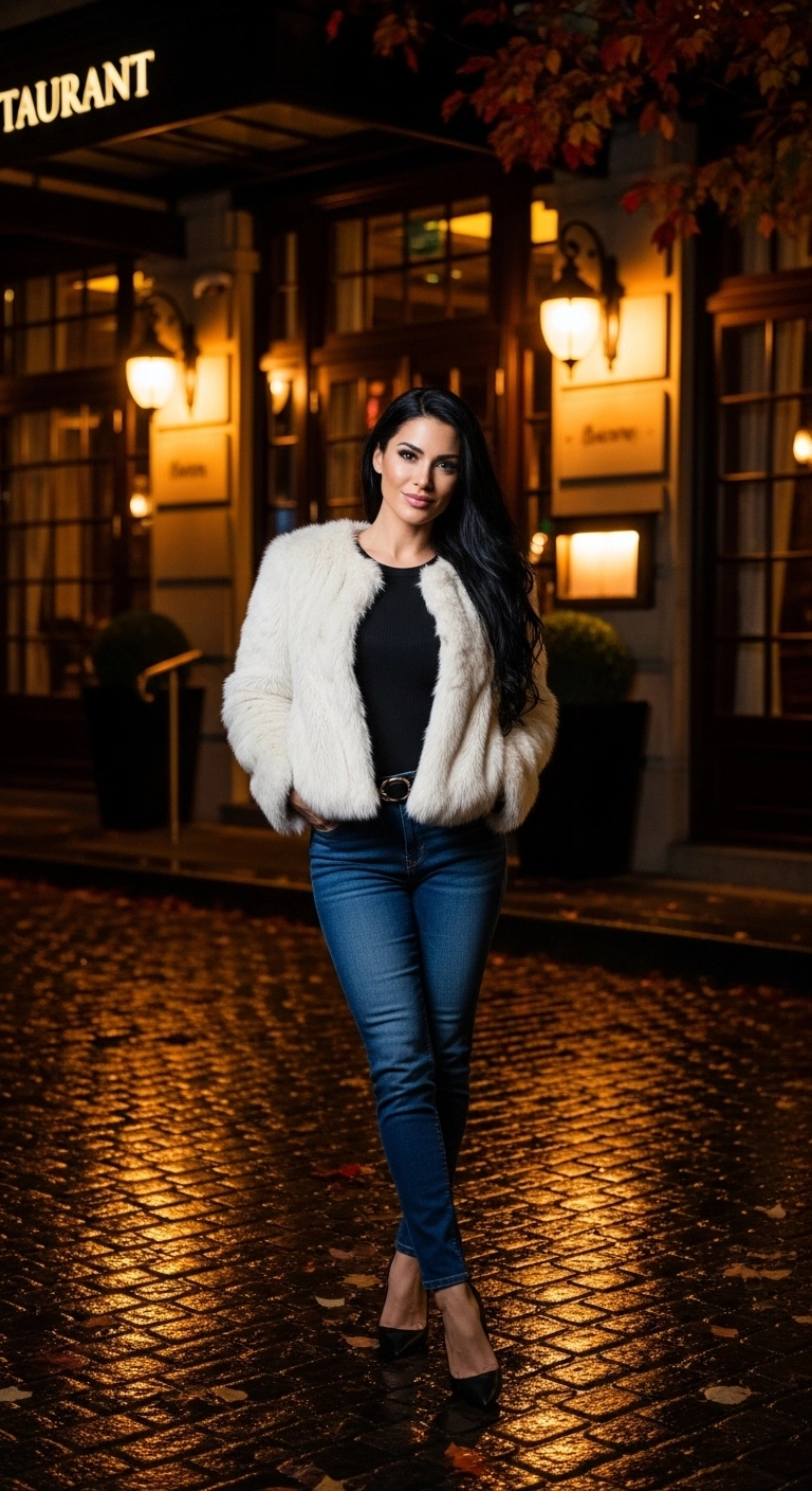 fall going out outfits for women during autumn 2026 faux fur jacket jeans heels