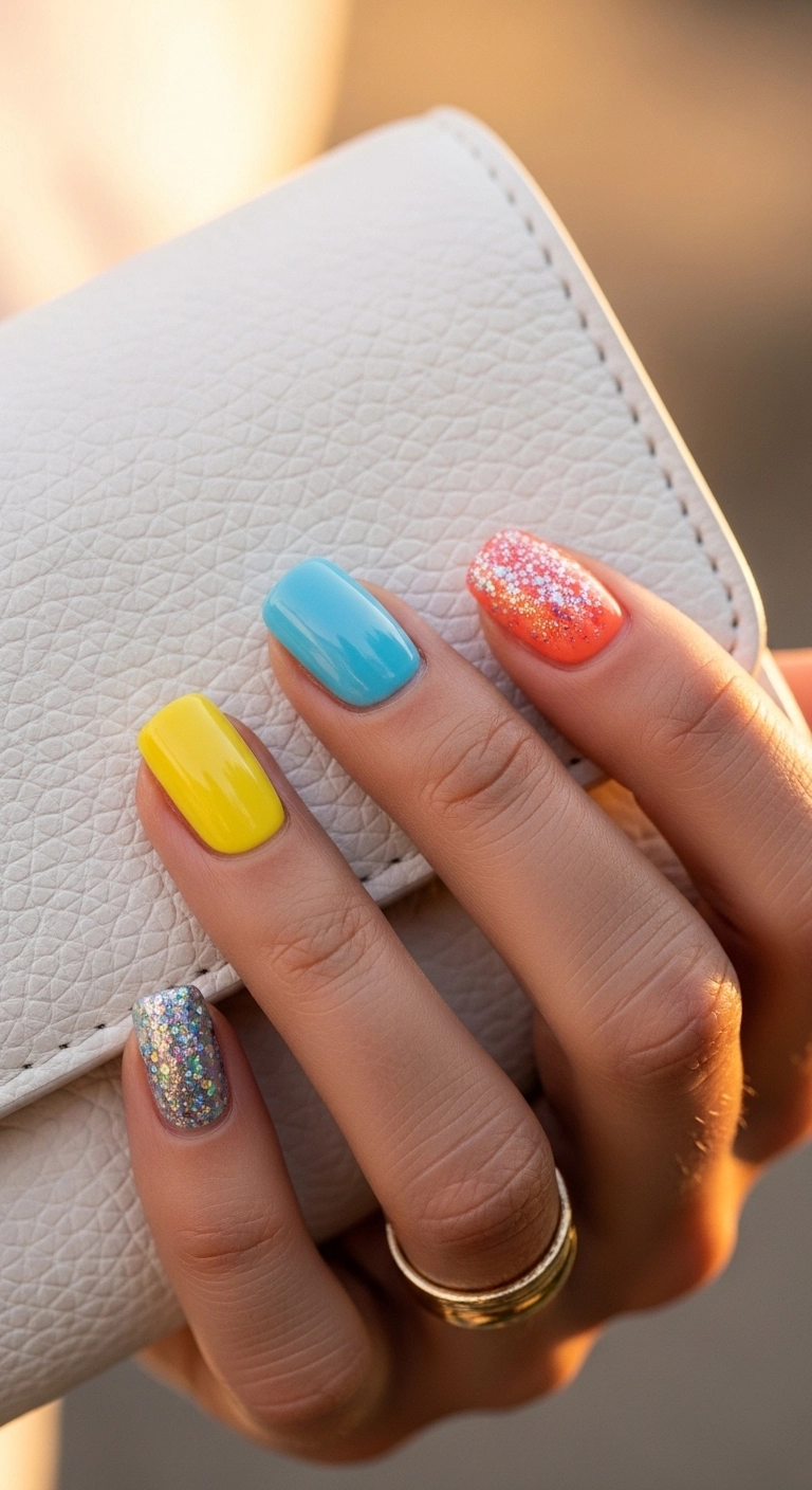 bright summer nails ideas with glitter accent nails and bold colors