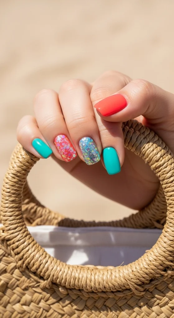 hot summer nails ideas glitter accent nails with bright summer colors