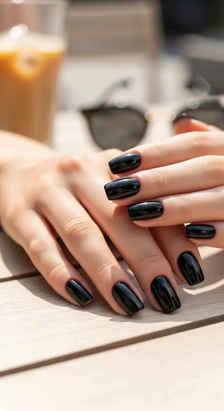 glossy black minimal nails close-up for black summer nails ideas with sleek shiny finish