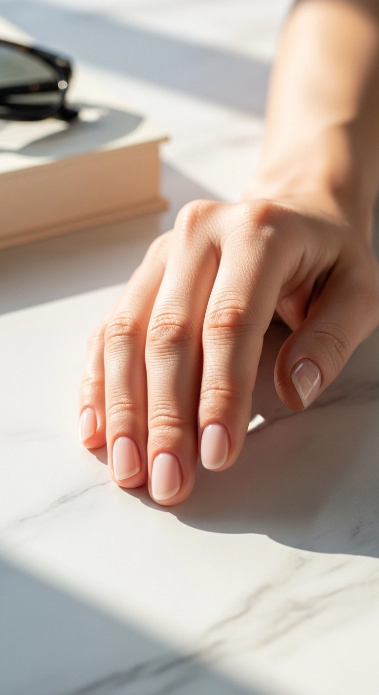 Glossy clear manicure showing natural casual summer nails ideas