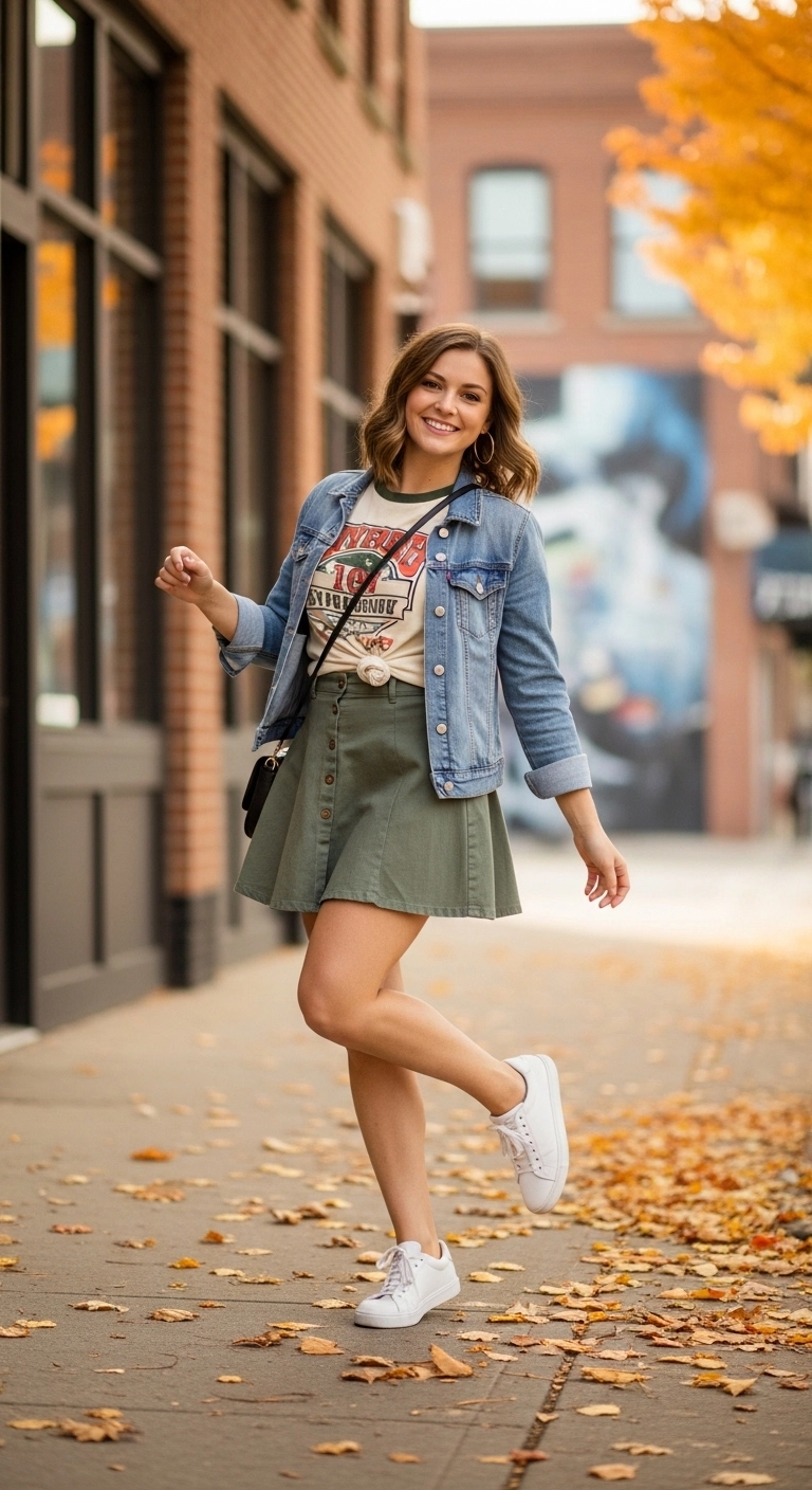 Graphic tee with skirt and jacket for fall birthday outfits for women in autumn of 2025