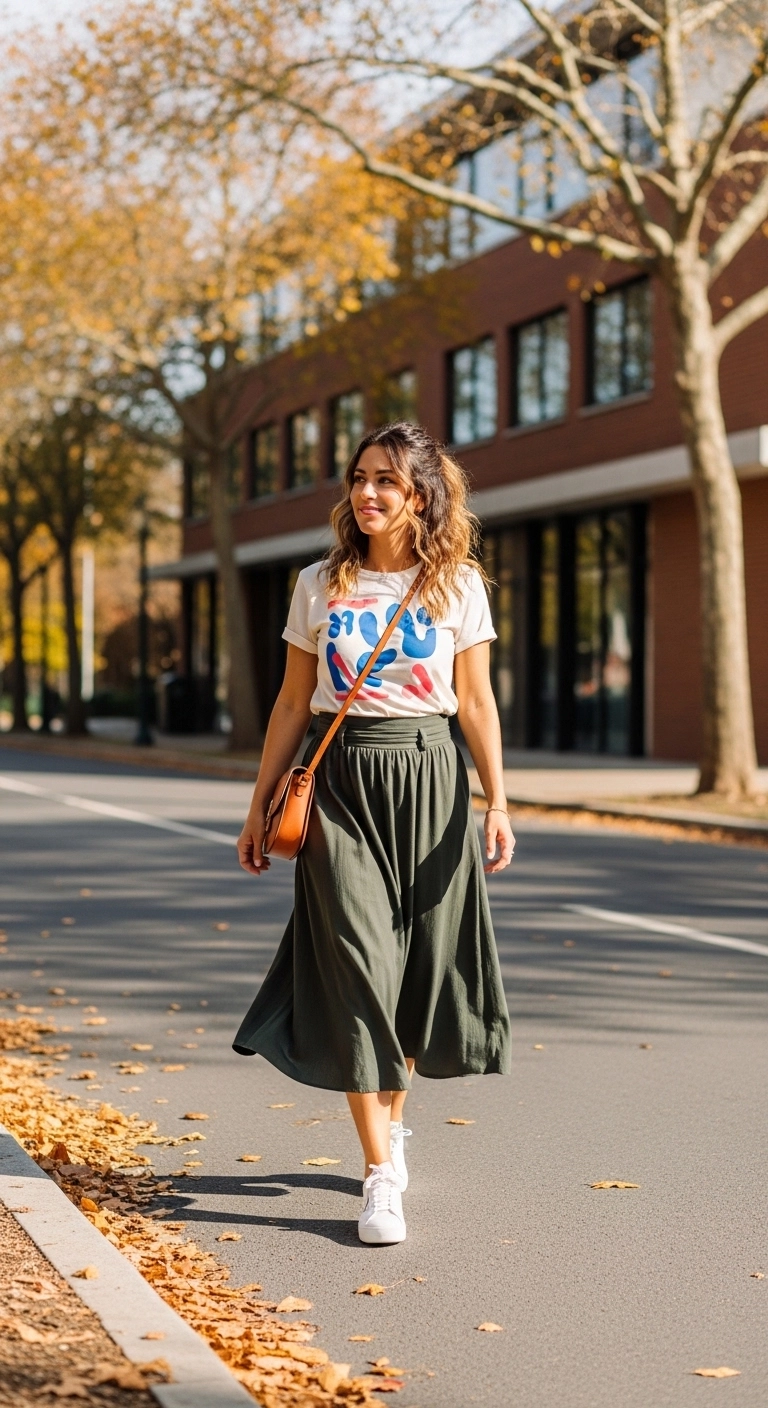 Graphic tee with midi skirt styled as early fall outfits for women in autumn 2026