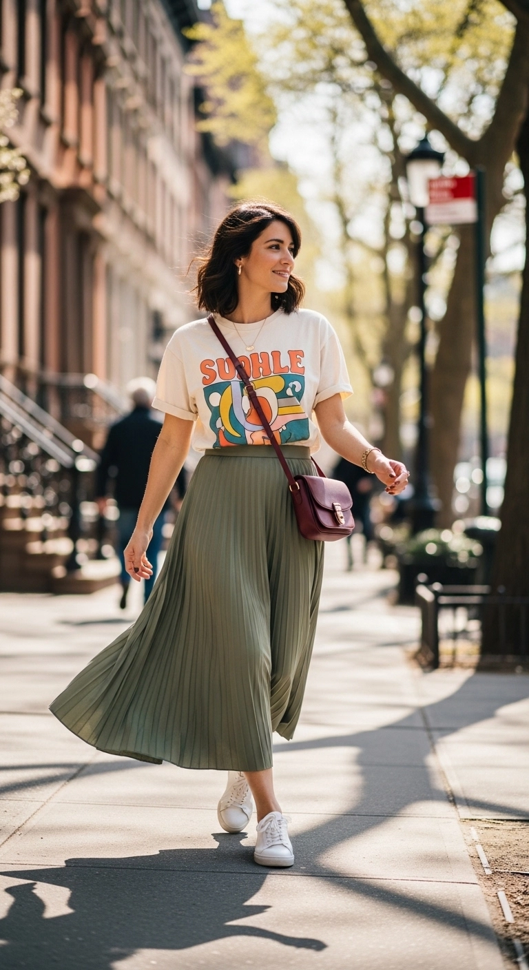 cute spring outfit ideas 2026 graphic tee with pleated skirt casual chic outfit