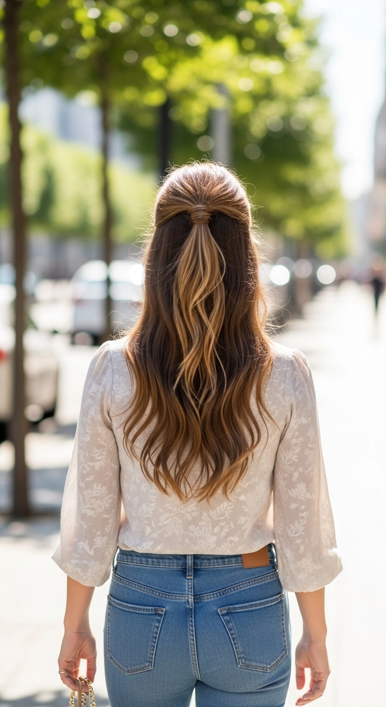 Woman wearing a half-up half-down hairstyle with long hair, a trendy summer hairstyle for long hair.