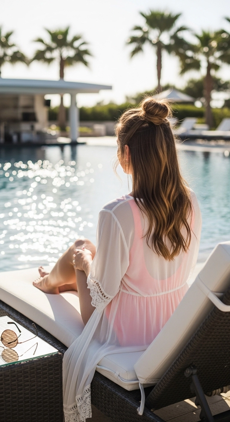 Woman with half-up top knot hairstyle relaxing at a pool party.