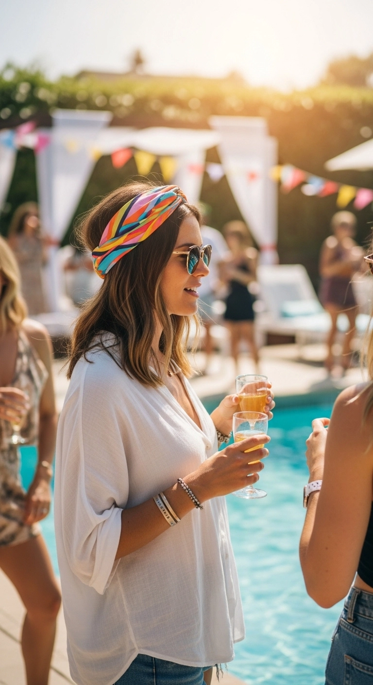 Woman wearing a stylish headband hairstyle at a sunny pool party.