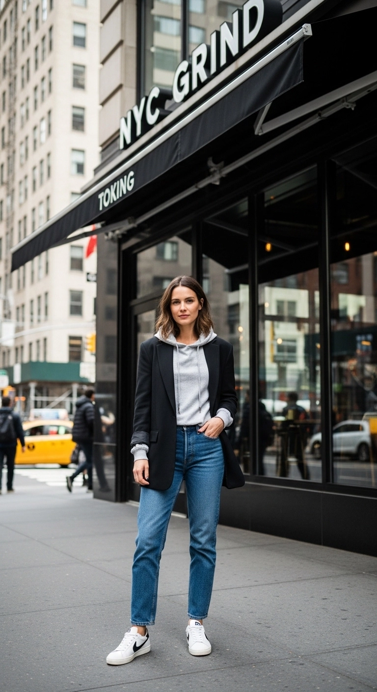 NYC spring outfits 2026 with hoodie blazer and straight-leg jeans