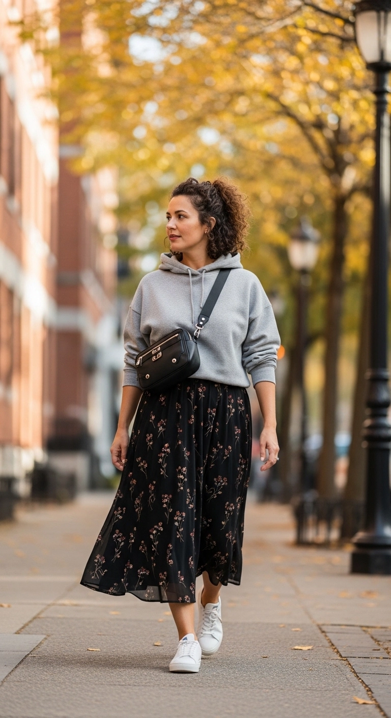 Hoodie with midi skirt styled as early fall outfits for women in autumn 2026