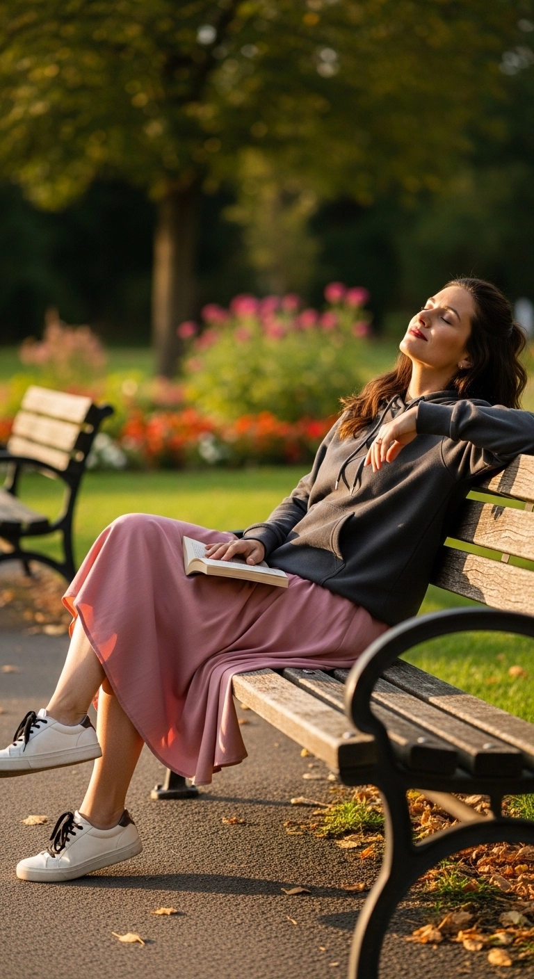 Hoodie with flowy midi skirt sitting on park bench, casual spring outfit 2026