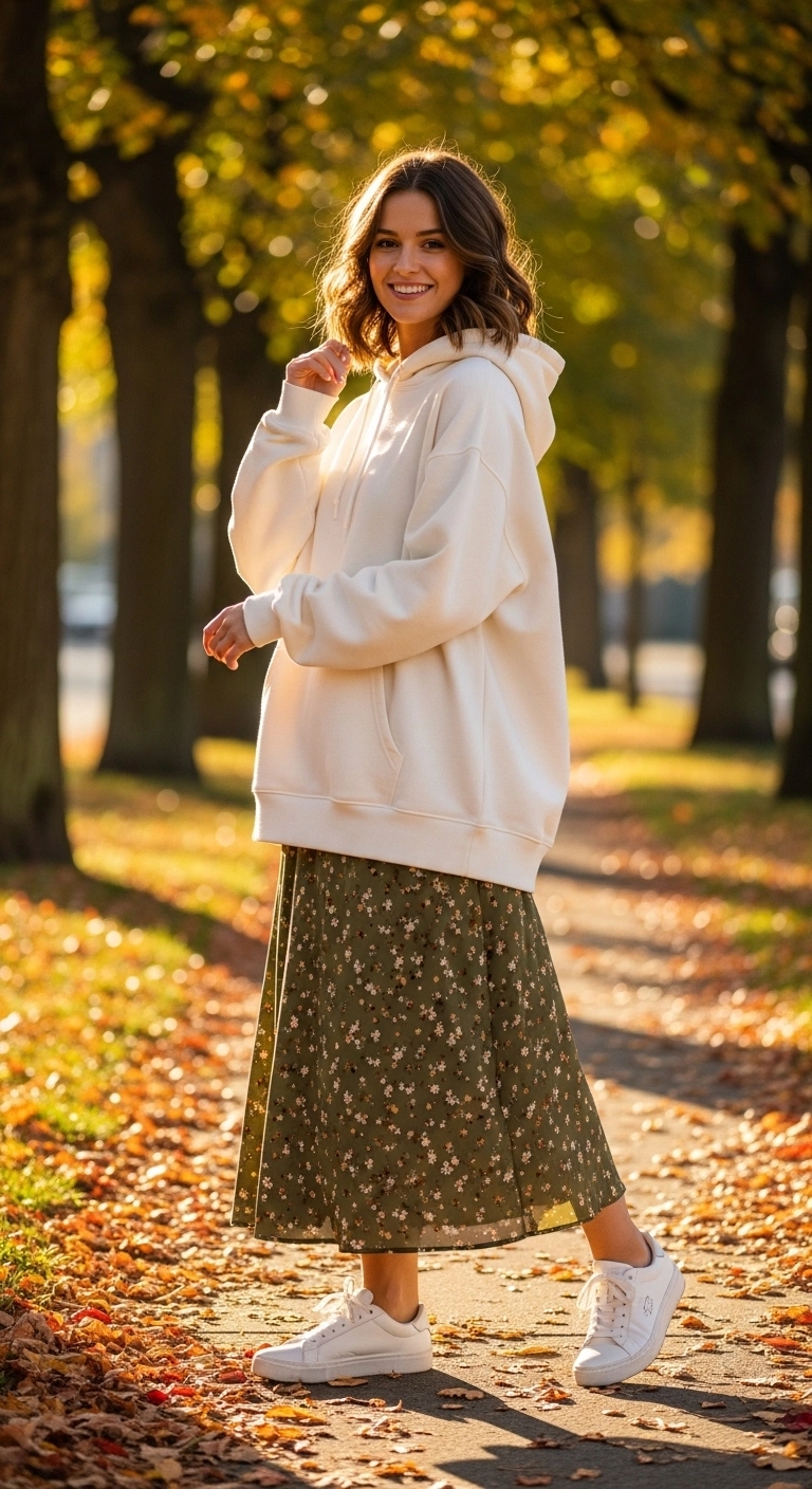 Woman wearing a hoodie with midi skirt and sneakers for summer to fall transition outfits for women in 2025.