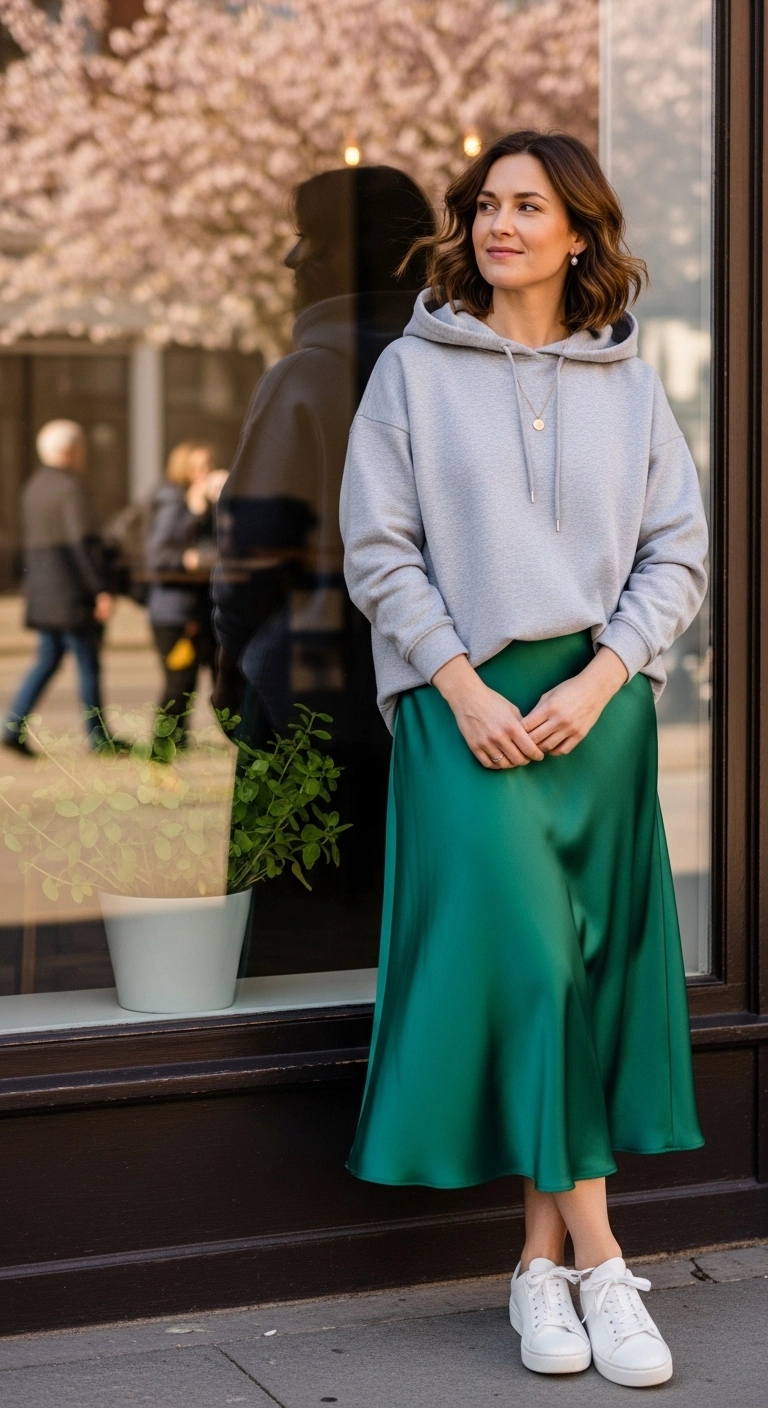 Cozy hoodie paired with satin midi skirt, aesthetic spring outfit ideas for women 2026