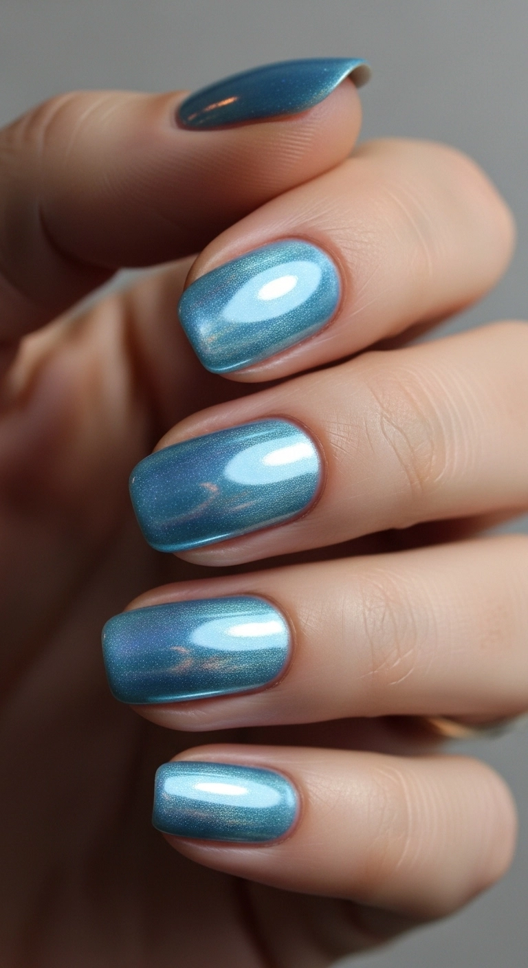 Icy blue chrome short nails winter design