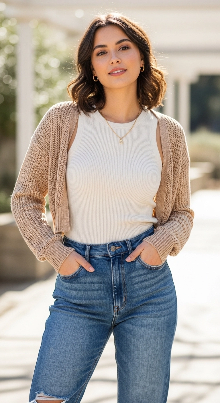 Warm spring outfits for women 2026 with knit tank, cropped cardigan, and high-waisted jeans