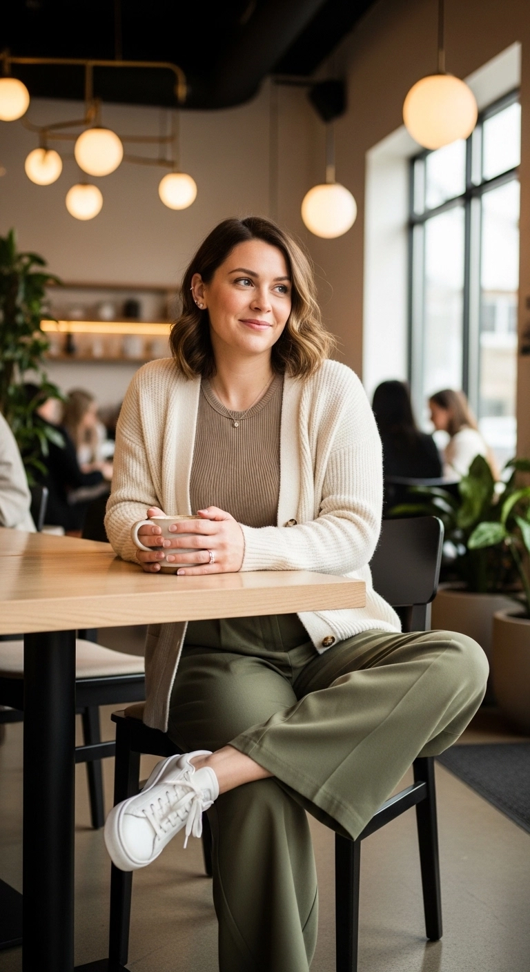 Woman in a cream cardigan layered over a taupe ribbed tank with flowy olive wide-leg trousers, minimal jewelry, and clean sneakers in a modern indoor café setting, warm spring style, realistic professional photo