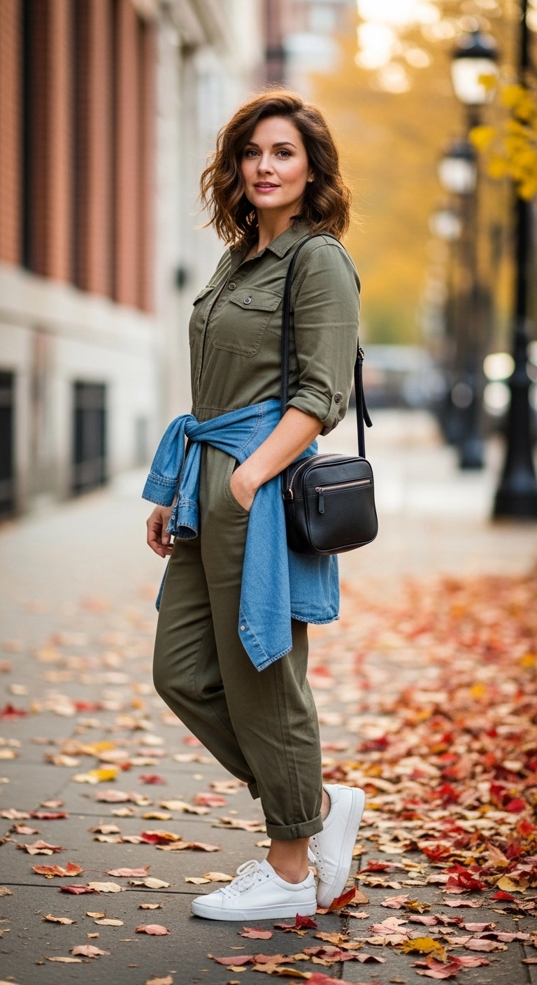 Woman wearing a jumpsuit with denim shirt for summer to fall transition outfits for women in 2025.