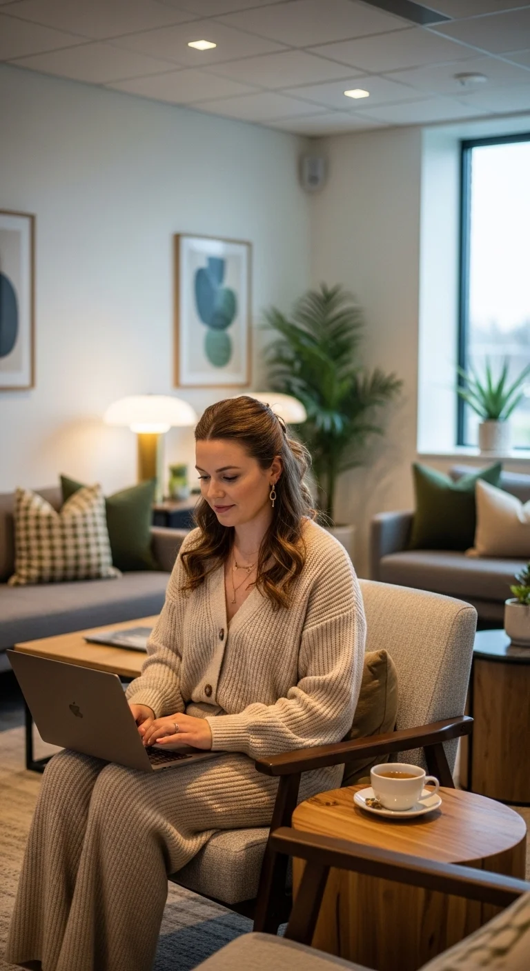 Woman in knit co-ord set for fall business casual outfits for women in 2025