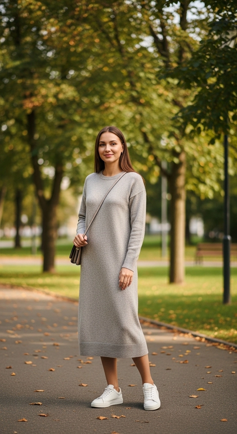 Woman in knit dress and white sneakers styled as early fall outfits for women in autumn 2026