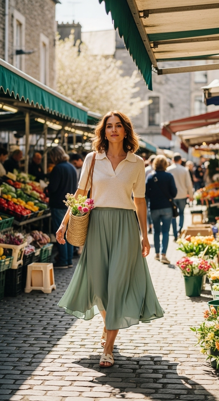Comfy spring outfits 2026 with knit polo and flowy midi skirt
