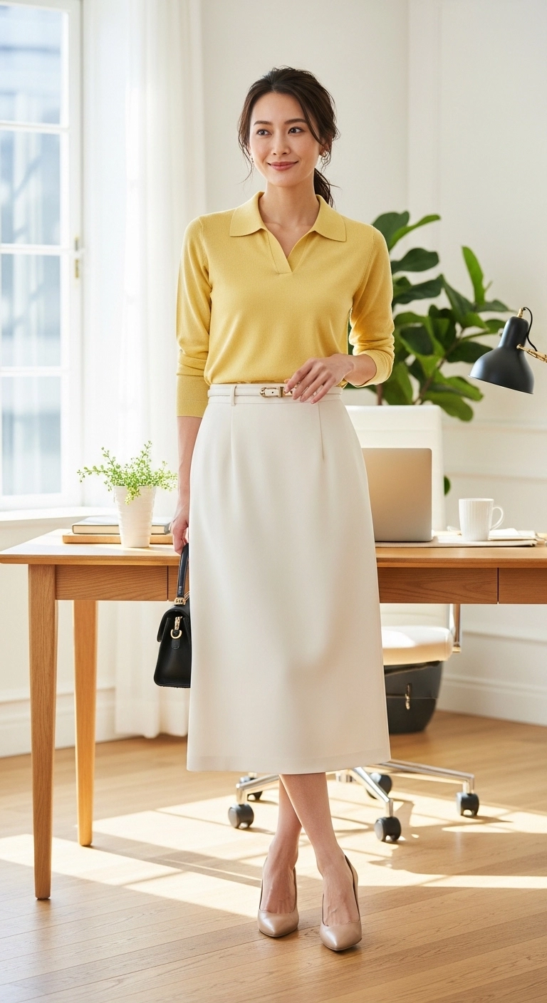 Spring office outfits for women in 2026 featuring knit polo, midi skirt, and block heels