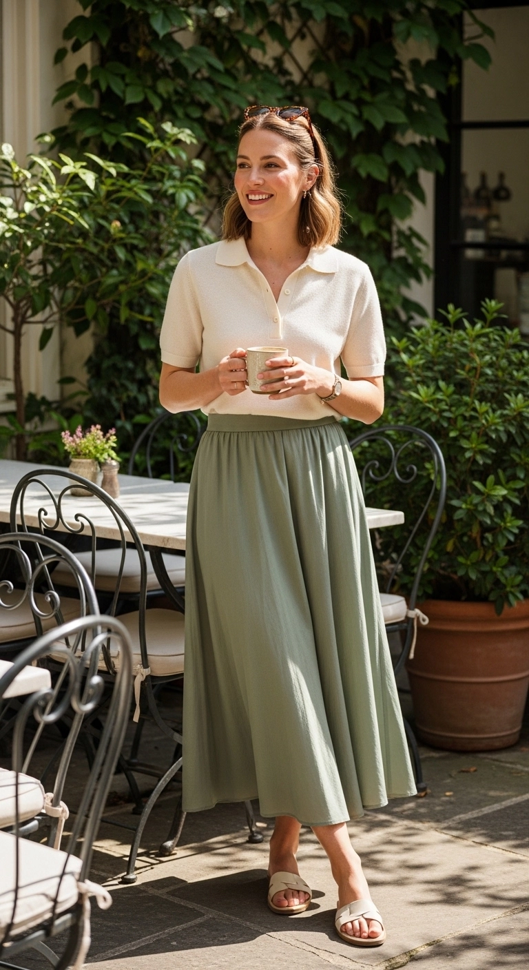 Light spring outfits 2026 with knit polo and flowy midi skirt