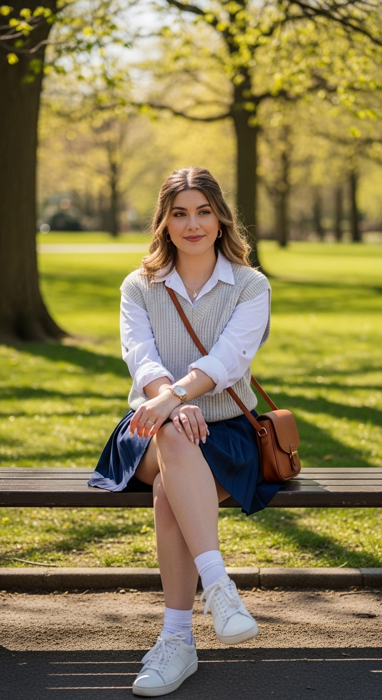 Knit vest layered over button-down and pleated skirt, aesthetic spring outfit ideas for women 2026