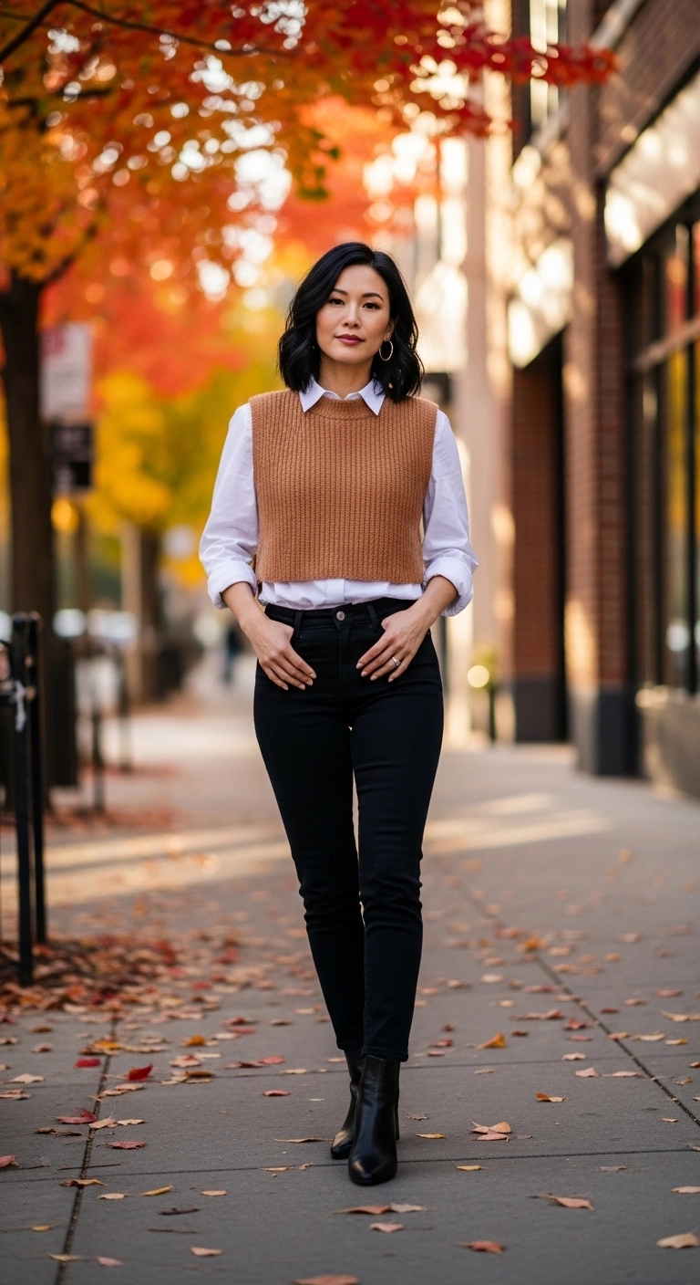 Woman wearing a knit vest over a white shirt with skinny jeans for summer to fall transition outfits for women in 2025.
