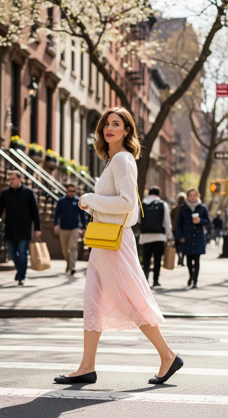 Light spring outfits 2026 with lace-trim slip skirt and soft knit