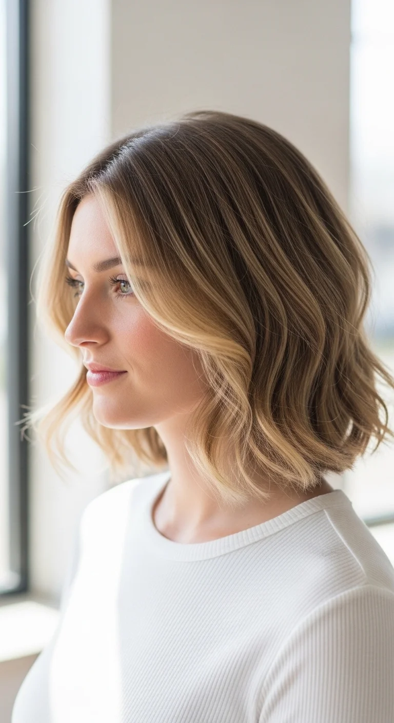 Layered lob short hairstyle for thin fine hair with soft waves