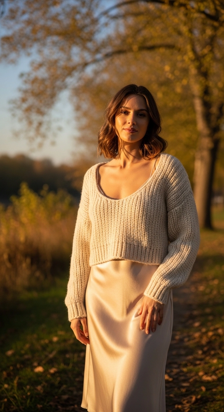Cropped sweater over slip dress as early fall outfits for women in autumn 2026