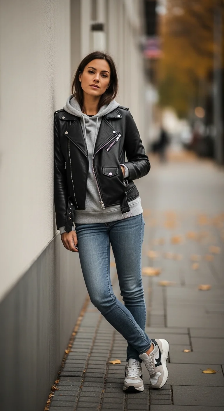 Leather jacket with hoodie and jeans casual fall outfits for women in autumn 2025