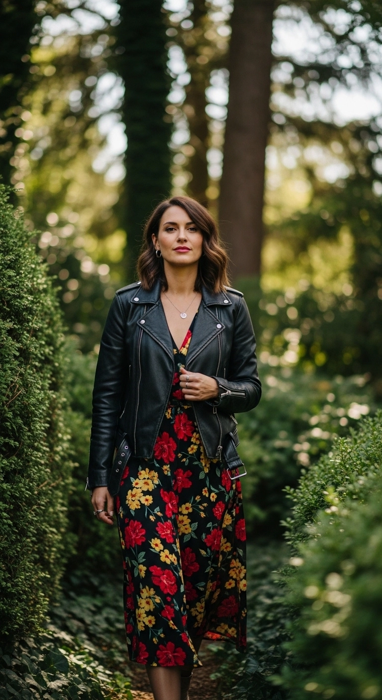Leather Jacket Floral Dress Combo