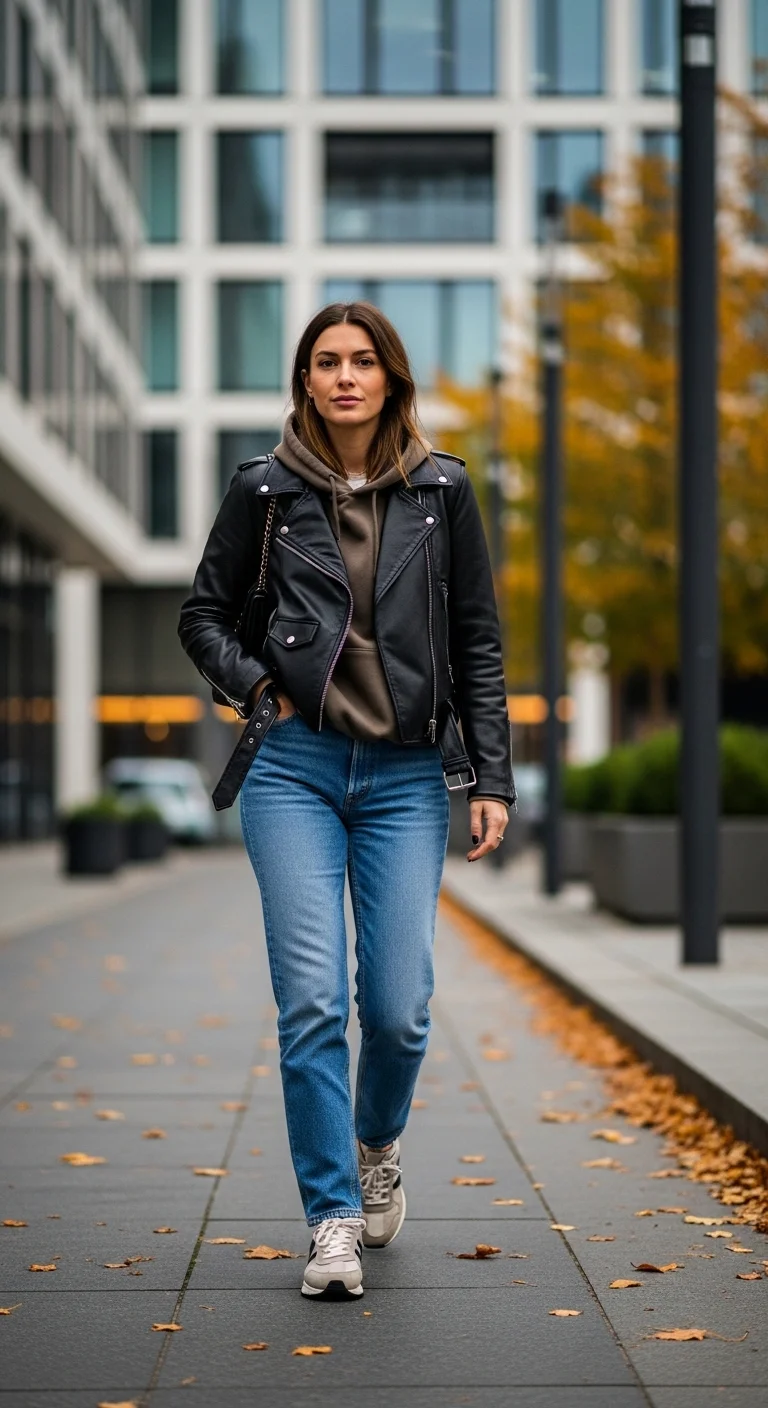 Leather jacket and hoodie layered outfit for warm fall outfits for women in autumn 2026
