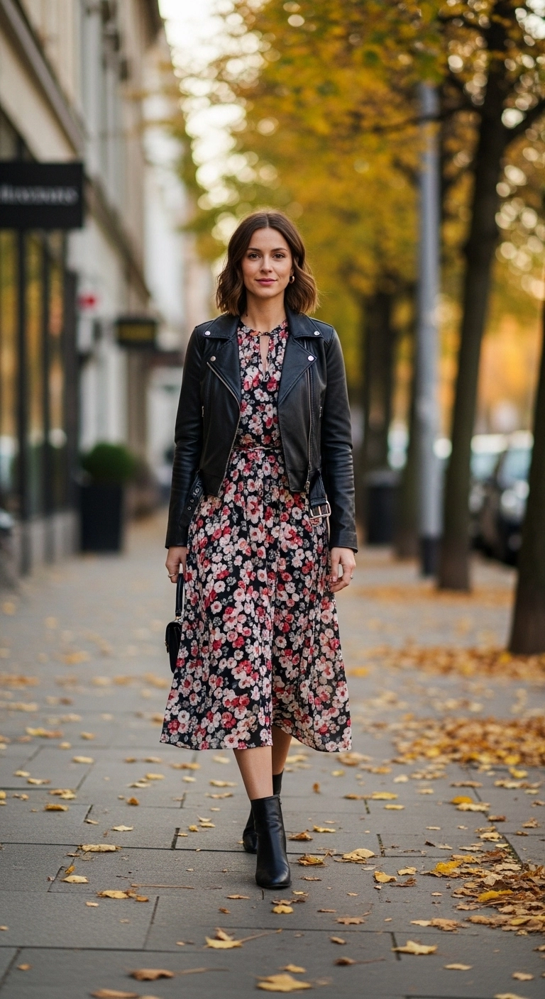 Woman in leather jacket and midi dress for fall birthday outfits for women in autumn of 2025