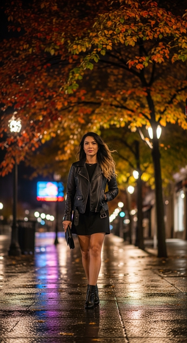fall going out outfits for women during autumn 2026 leather jacket mini dress night look