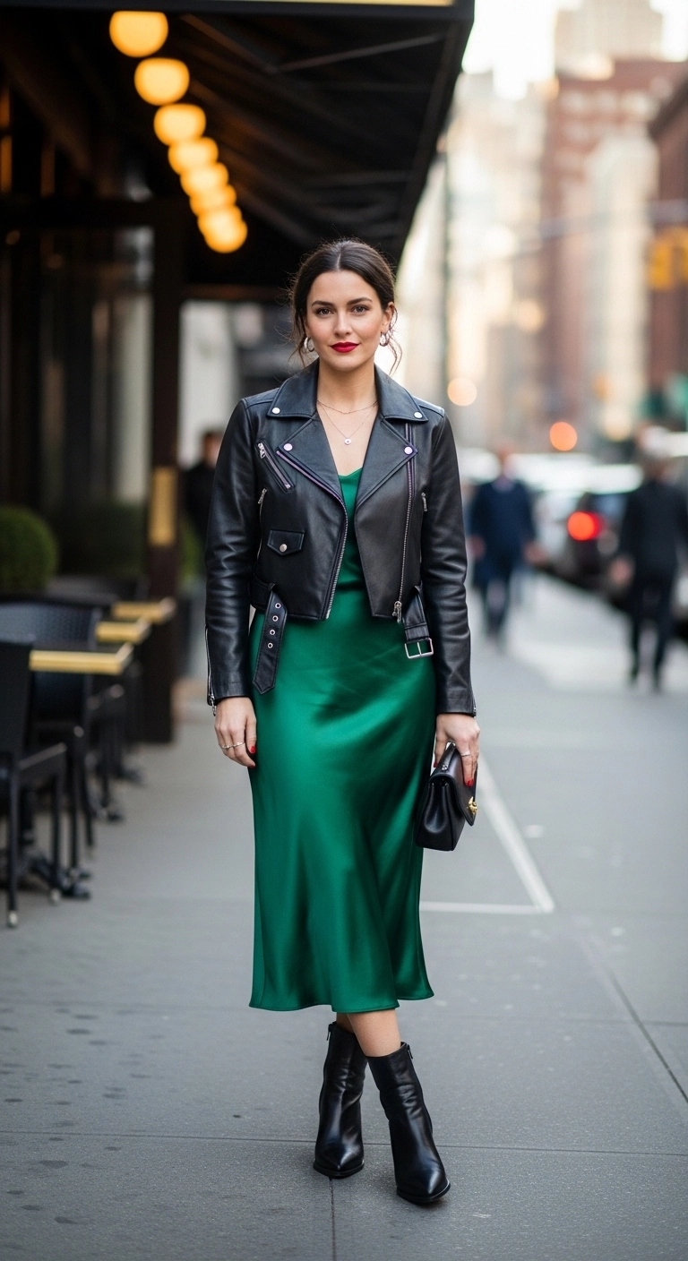 NYC spring outfits 2026 with cropped leather jacket slip skirt and boots