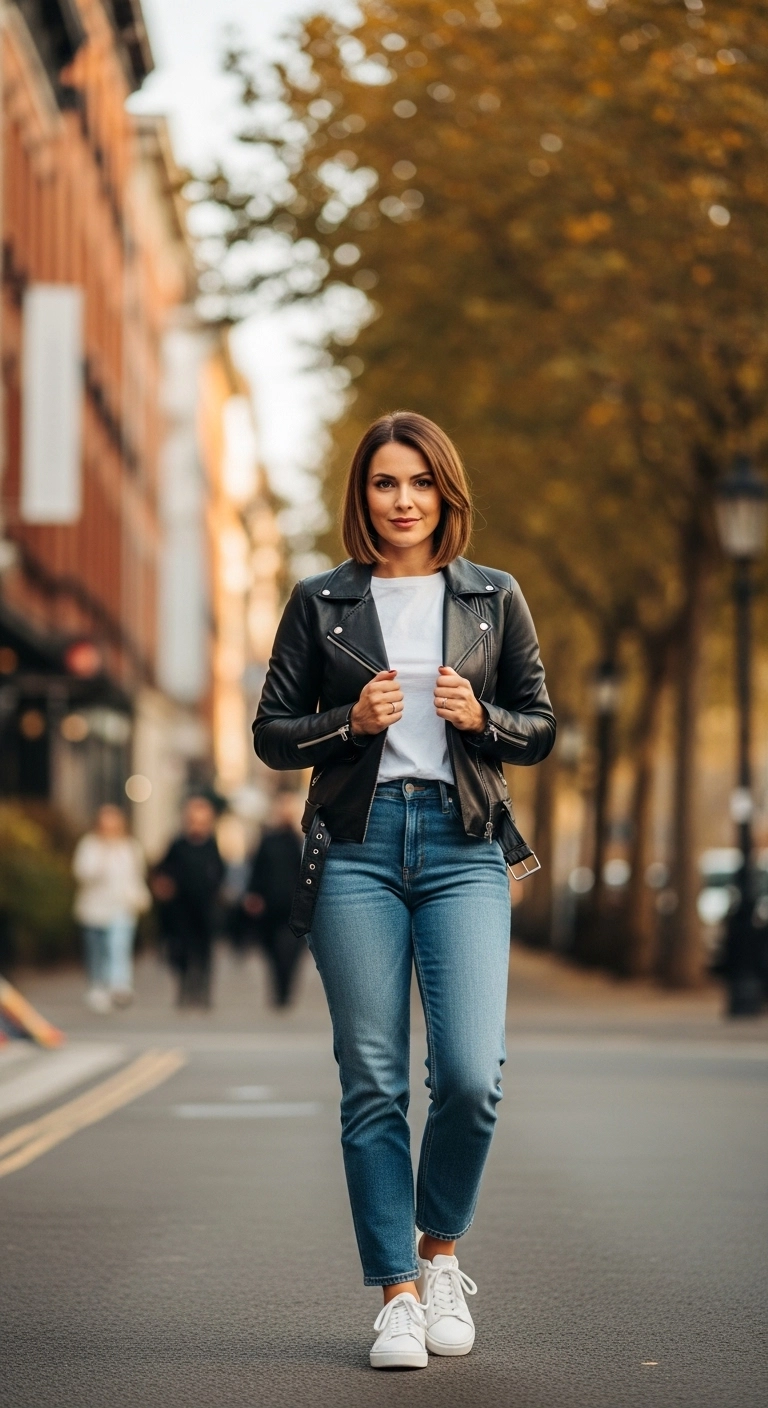 trendy fall outfits for women in 2026 leather jacket with jeans look