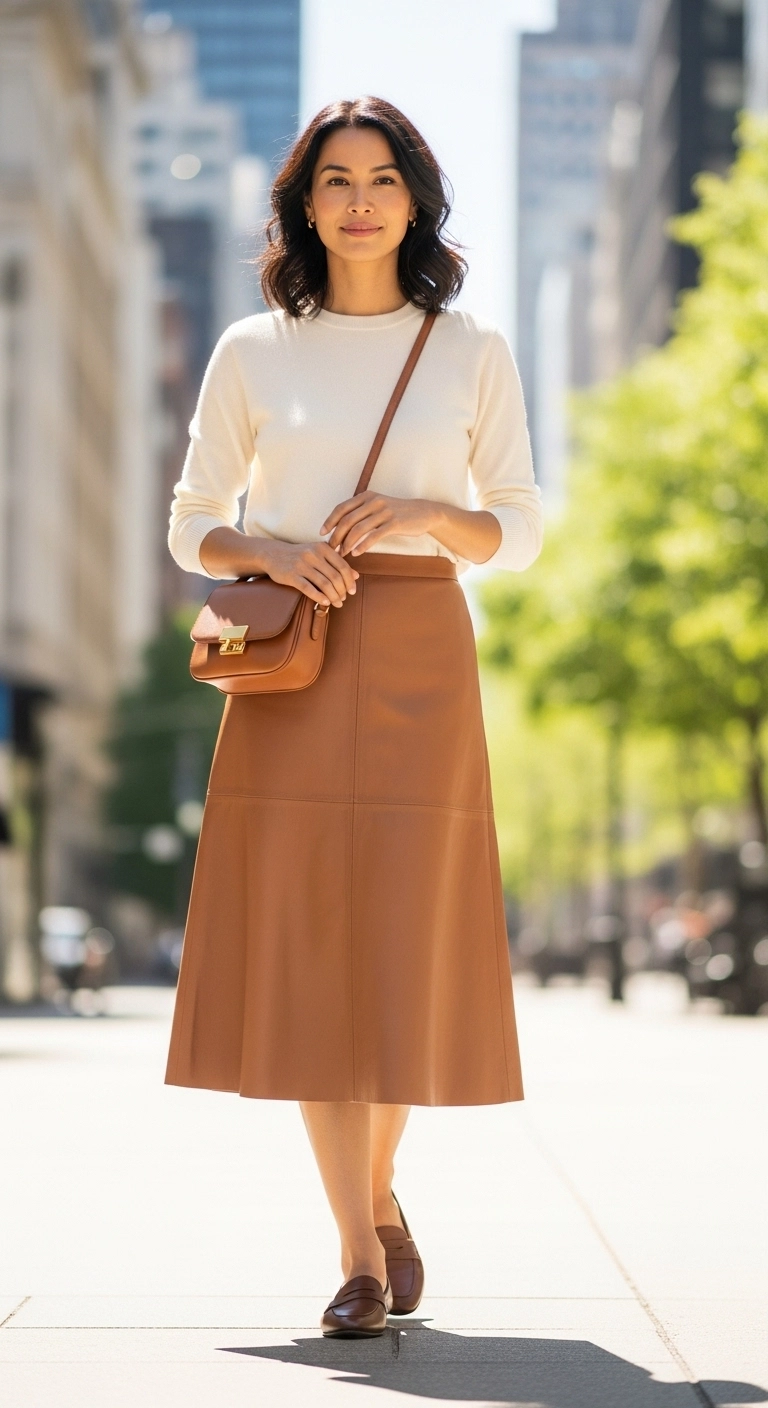 Modest spring outfits 2026 with leather midi skirt and soft knit top