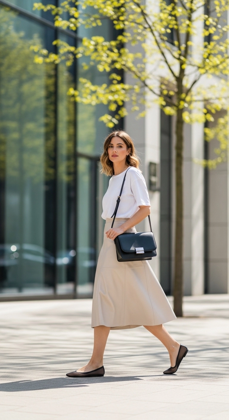Spring outfits with skirts 2026 with leather midi skirt white tee and mesh flats