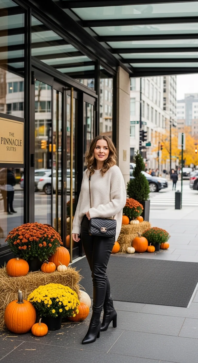 Sweater with leather pants for fall birthday outfits for women in autumn of 2025