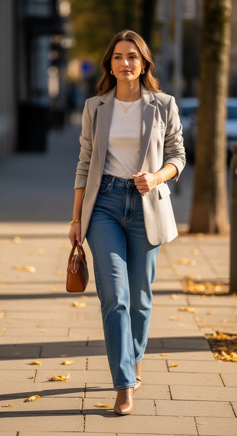Woman wearing lightweight blazer, basic tee, and straight-leg jeans styled as early fall outfits for women in autumn 2026