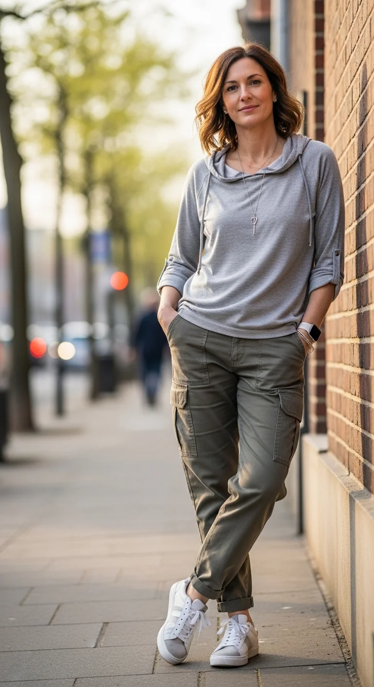 Lightweight hoodie with neutral cargo pants, aesthetic spring outfit ideas for women 2026