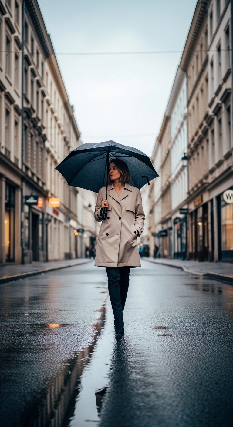 Lightweight trench coat with slim trousers casual spring outfit 2026