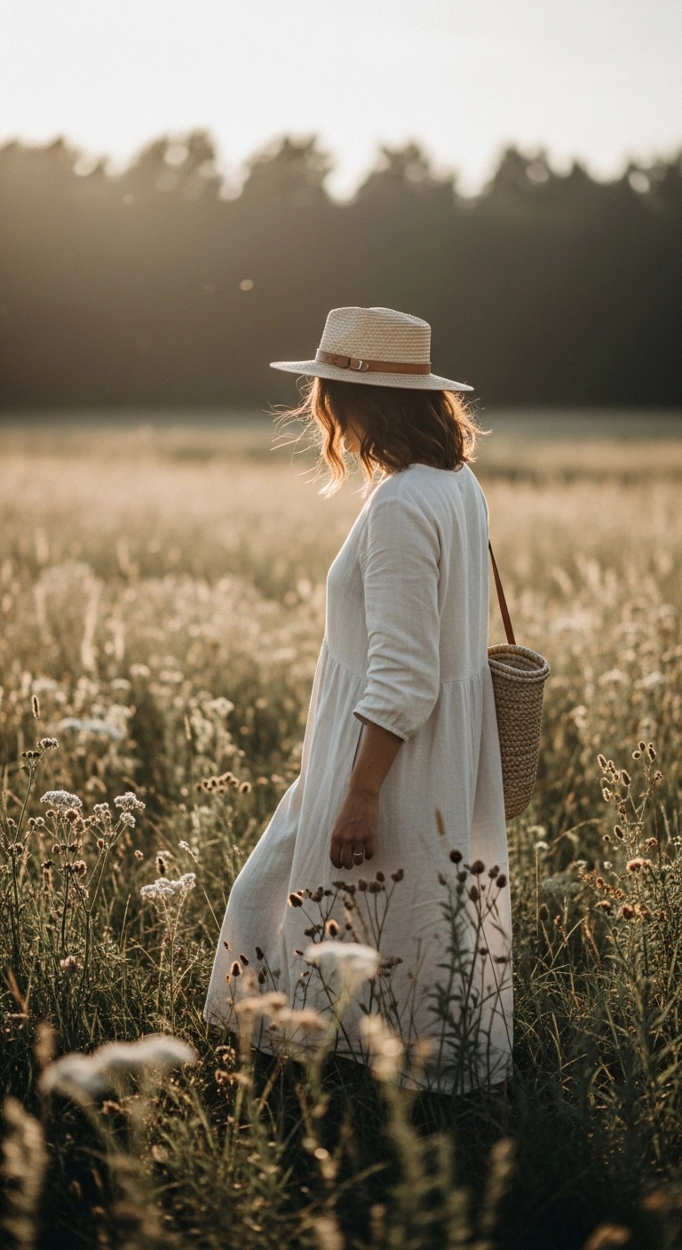 cute spring outfit ideas 2026 linen dress with straw accessories natural style