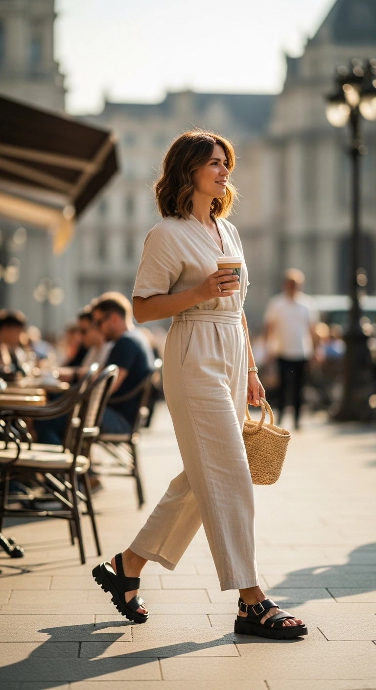 Linen jumpsuit with chunky sandals casual spring outfit 2026