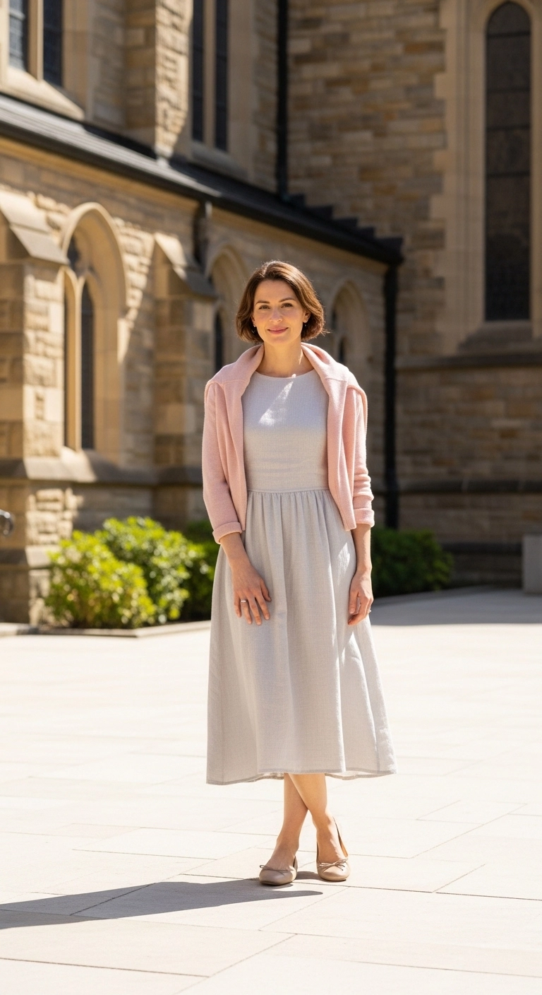 Spring church outfits 2026 with linen blend midi dress and soft cardigan