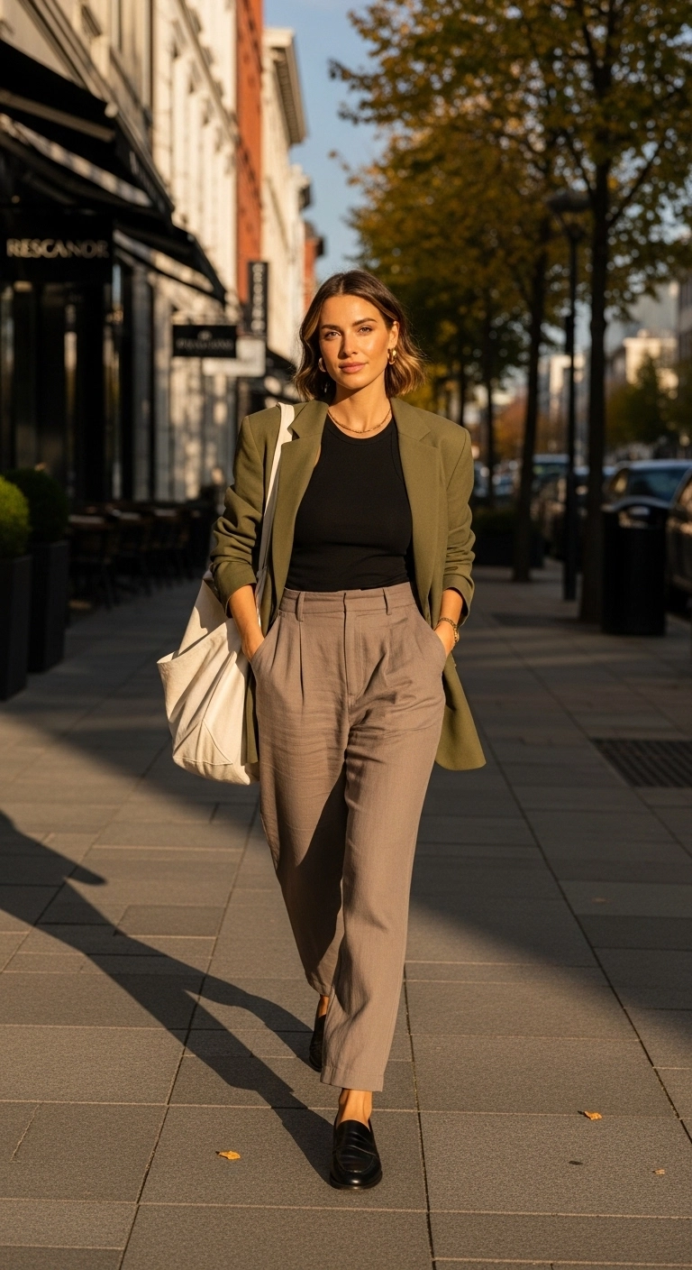 Woman in linen pants, tank top, and oversized blazer for summer to fall transition outfits for women in 2025.