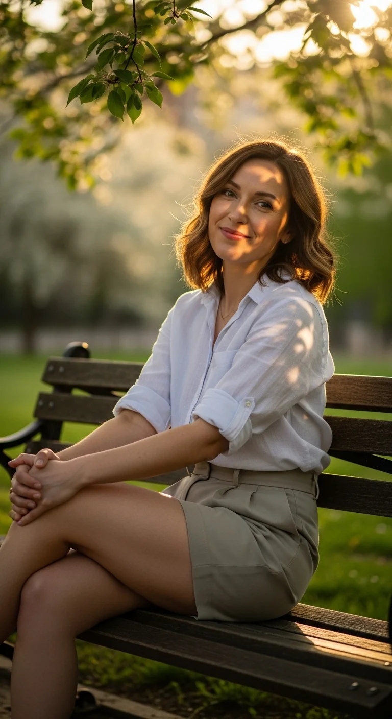 Linen shirt tucked into high-waisted shorts, aesthetic spring outfit ideas for women 2026