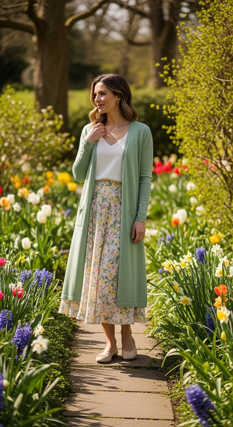 Modest spring outfits 2026 with long cardigan shell top and pull-on midi skirt