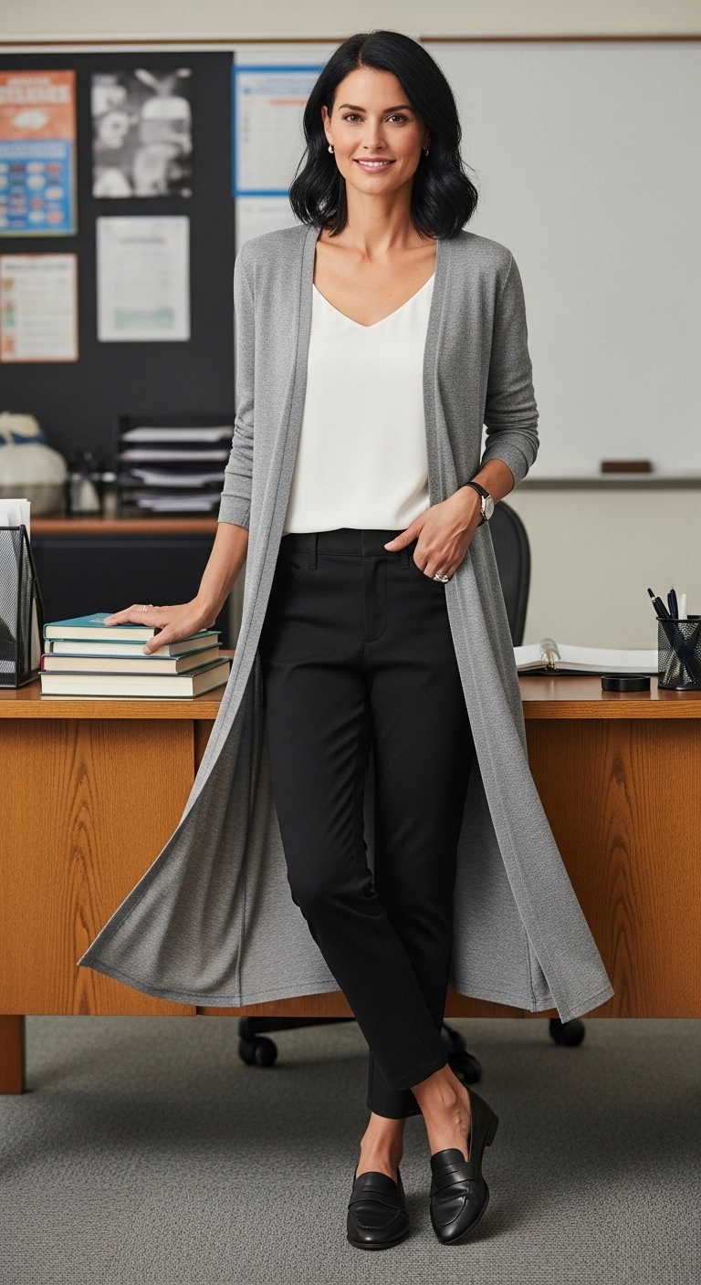 Spring teacher outfits 2026 with long cardigan shell top and ankle pants